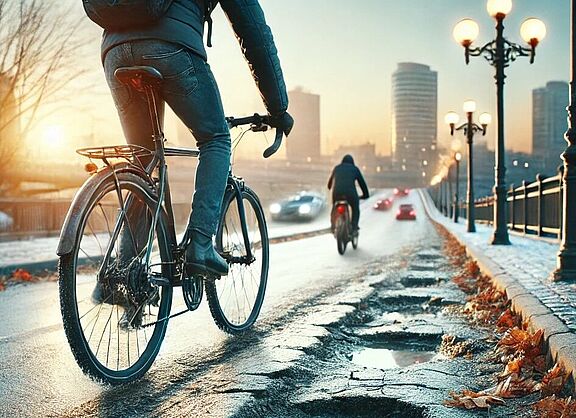 Ein Radfahrer fährt auf einem kaputten Radweg